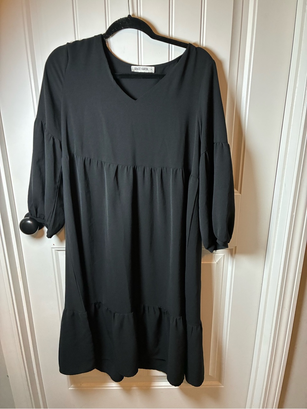 Grace Karin Black V-Neck Tiered Midi Shift Dress with Puff Sleeves